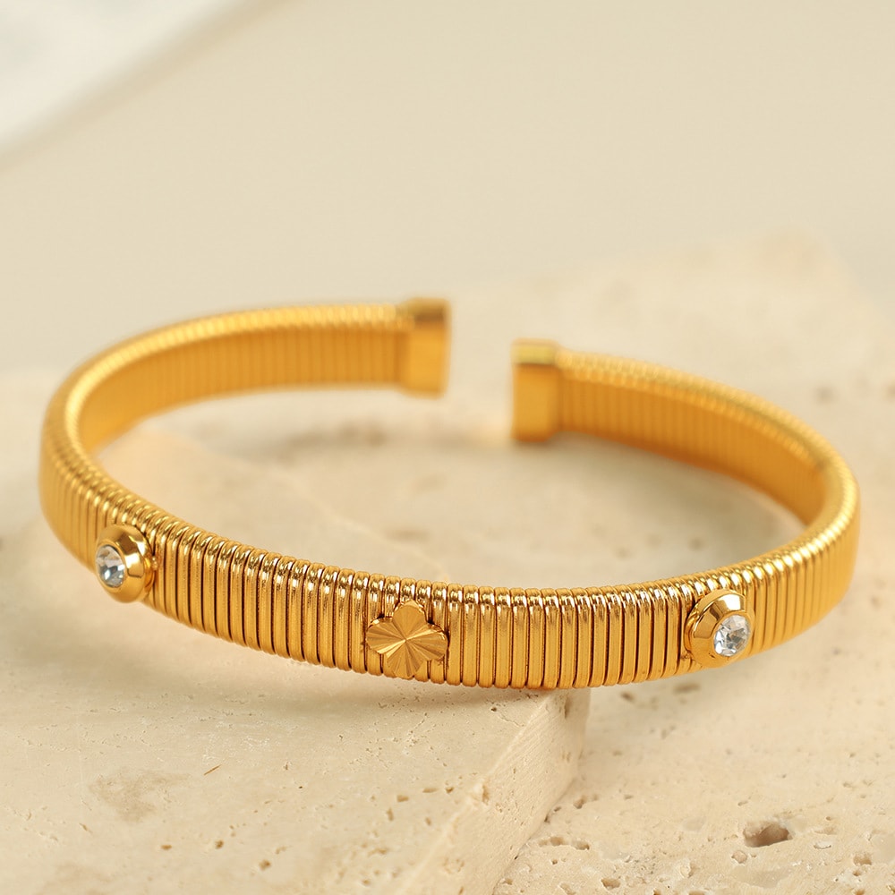 1 Piece Simple Series Mini Clover Stainless Steel 18K Gold Color Plated Rhinestone Women's Bangles h5 